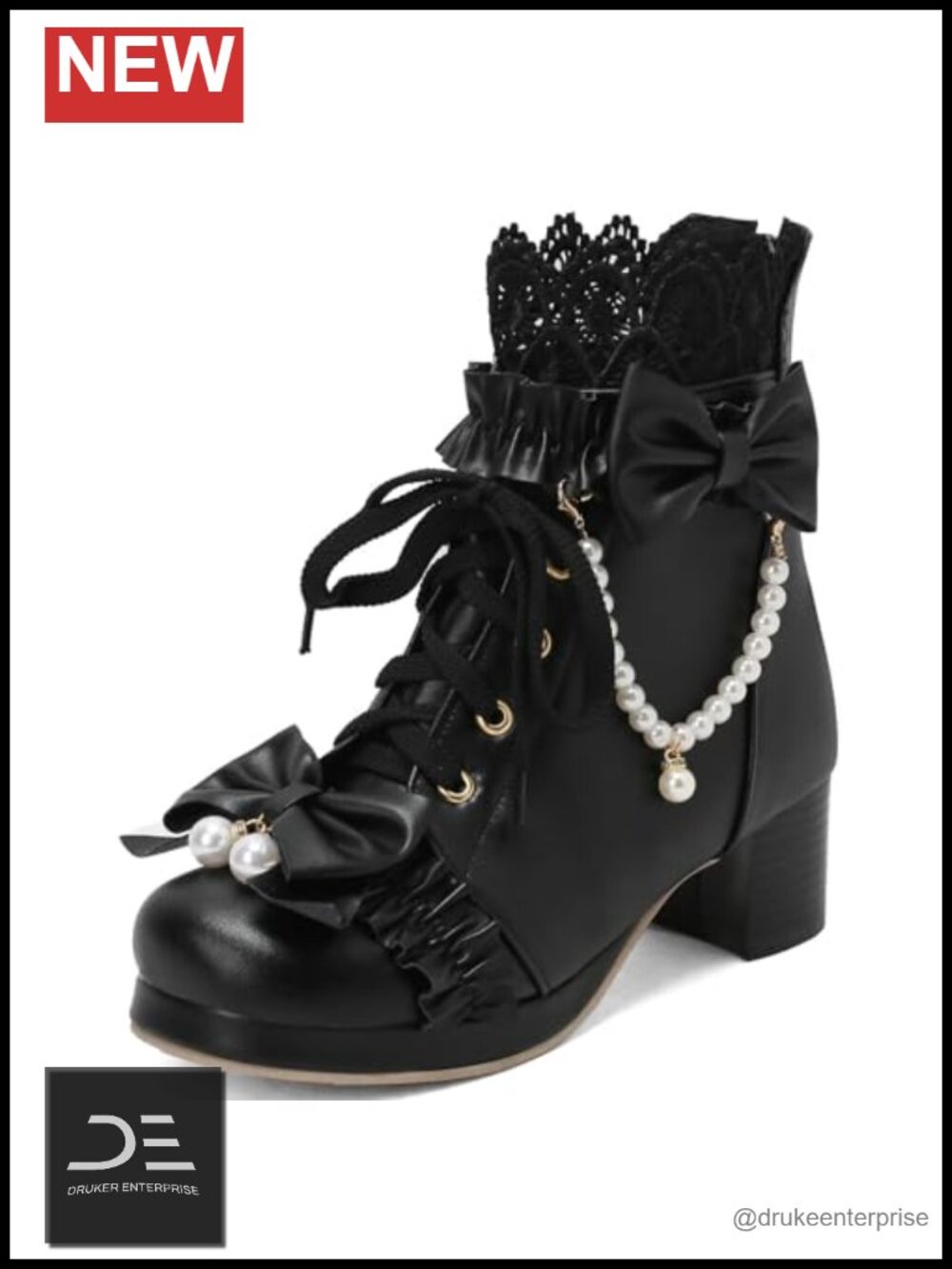 Lolita Ankle Boots Chunky Mid Heel Lace Up Bow Kawaii Shoes Synthetic